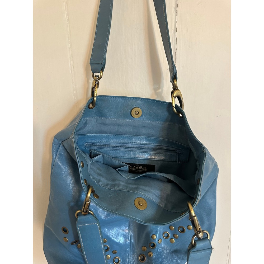 Slouchy Blue Hobo Leather Studded Grommet Shoulder Bag Tote Brass Hardware - Picture 5 of 7